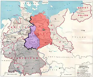 Map showing the Allied zones of occupation in post-war Germany and the line of U.S. forward positions on V-E Day. The south-western part of the Soviet occupation zone, close to a third of its area, was west of the U.S. forward positions on V-E day.