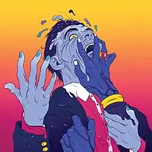 A surrealist illustration of a seemingly-melting faith healer with blue skin, grabbed by two disembodied hands, on an orange–pink backdrop.