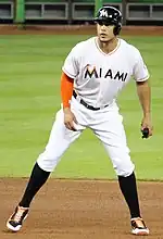 Giancarlo Stanton in the updated home uniforms when the team was rebranded as the Miami Marlins