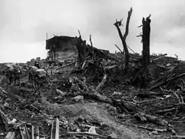 A fatigue party from the Australian 7th Brigade (Australian 2nd Division) pass the former German bunker known as "Gibraltar" at the western end of Pozières, 28 August 1916, during the Battle of the Somme. The infantry are laden with empty sandbags, heading towards the fighting around Mouquet Farm, north of Pozières.