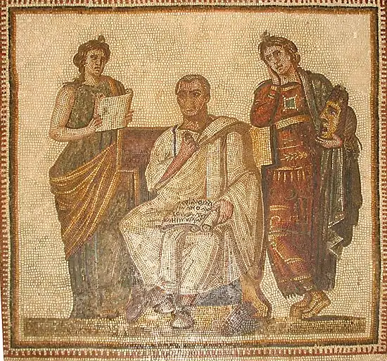 Mosaic of a person sitting between two muses