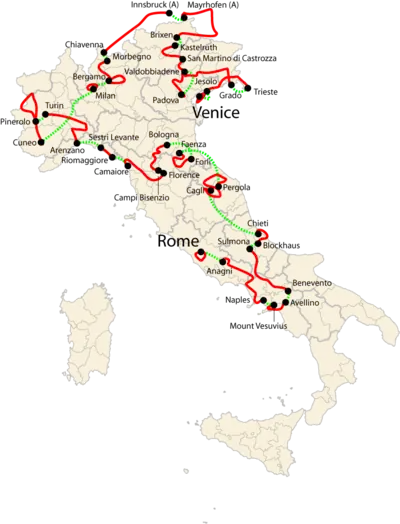 Map of Italy showing the path of the race, going counter-clockwise from Venice and crossing the border to pass through Austria and Switzerland, reaching Naples in the south of Italy before finishing in Rome