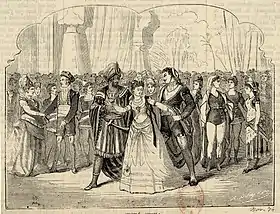 black and white engraving showing a crowd scene; at the front, a young woman in a long, full dress is being led away forcefully by two men in Moorish dress