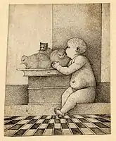 Baby with Three Cats, perhaps an exercise in stipple technique