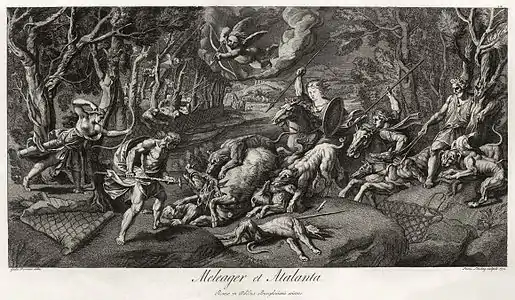 Image 37Meleager et Atalanta at Calydonian Boar, by Giulio Romano and François Louis Lonsing (edited by Adam Cuerden) (from Wikipedia:Featured pictures/Culture, entertainment, and lifestyle/Religion and mythology)