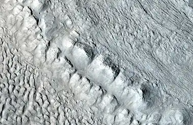 Enlargement of area in rectangle of the previous image. On Earth the ridge would be called the terminal moraine of an alpine glacier. Picture taken with HiRISE under the HiWish program.  Image from Ismenius Lacus quadrangle.