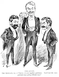 Image 6Gilbert and SullivanImage credit: Alfred BryanGilbert and Sullivan created fourteen comic operas, including H.M.S. Pinafore, The Pirates of Penzance, and The Mikado, many of which are still frequently performed today. However, events around their 1889 collaboration, The Gondoliers, led to an argument and a lawsuit dividing the two. In 1891, after many failed attempts at reconciliation by the pair and their producer, Richard D'Oyly Carte, Gilbert and Sullivan's music publisher, Tom Chappell, stepped in to mediate between two of his most profitable artists, and within two weeks he had succeeded. This cartoon in The Entr'acte expresses the magazine's pleasure at the reuniting of D'Oyly Carte (left), Gilbert (centre), and Sullivan (right).More featured pictures