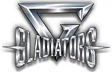 Image containing the word 'GLADIATORS' in all upper-case letters stylised in a cinemascope-type format, which is partly overlaying a capital letter 'G' stylised in an inverse triangle.