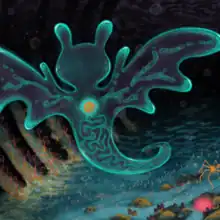 A translucent flying creature with visible innards in a watery cave.