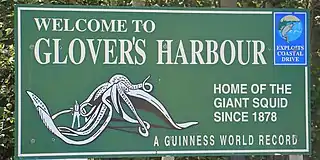 #45 (2/11/1878)Welcome sign from Glovers Harbour (formerly Thimble Tickle), Newfoundland, where the giant specimen of 1878 was found. It has long been regarded by Guinness World Records and its previous incarnations as the largest giant squid ever recorded.