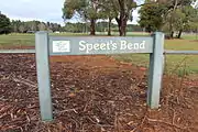 A sign marking the location of Speet's Bend. Many signs similar to this appear at various locations around the former circuit.