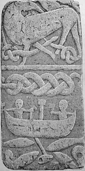 Engraving of a stone panel, possibly part of the second cross, showing Thor fishing.