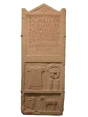 Tombstone of Titus Calidius Severus, centurion of the Fifteenth Legion, depicting a horse, centurion's helmet and armour, found in Carnuntum