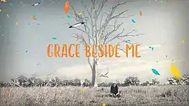 An greyscale long shot of a young girl sitting in a grassy field next to a tree without leaves. The words "Grace Beside Me" are in the foreground in orange lettering, along with superimposed images of colourful leaves.