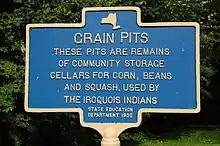 Sign with raised letters reading, "Grain Pits. These pits are remains of community storage cellars for corn, beans and squash. Used by the Iroquois Indians. State Education Department 1935"