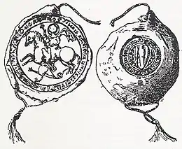 Sketch of a medieval seal, with Saint George slaying the dragon in the obverse, and a shield on the reverse