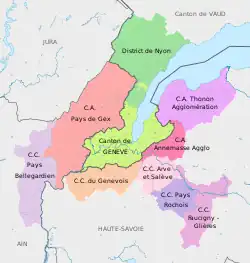 Map of the Grand Genève GLCT, showing national and subnational boundaries.(Canton de Geneve and District de Nyon are in Switzerland, while the 8 other councils (CC & CA)are in France)