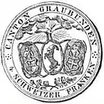 Reverse of coin. Three ovals, each depicting coats of arms. Above the ovals are two clasped hands emerging from clouds, surrounded by rays. Below are two intersected branches