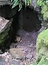 Stone entryway with metal door leading to Great Crystal Cave (later Floyd Collins' Crystal Cave)