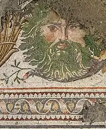 Early Byzantine mosaic with a foliate head, possibly from the reign of Byzantine emperor Justinian I (r. 527–565), Great Palace Mosaic Museum, Constantinople (present-day Istanbul, Turkey)