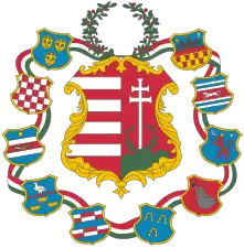 Arms of Transylvania (top right) marshaled into the coat of arms of the Hungarian State (1849)