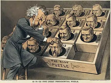 Image 33"The Great Presidential Puzzle": This chromolithograph cartoon about the 1880 Republican National Convention in Chicago shows Roscoe Conkling, leader of the Stalwarts of the Republican Party, playing a puzzle game. All blocks in the puzzle are the heads of the potential Republican presidential candidates. The cartoon parodies the famous 15 puzzle. Image credit: Mayer, Merkel, & Ottmann (lithographers); James Albert Wales (artist); Jujutacular (digital retouching) (from Portal:Illinois/Selected picture)