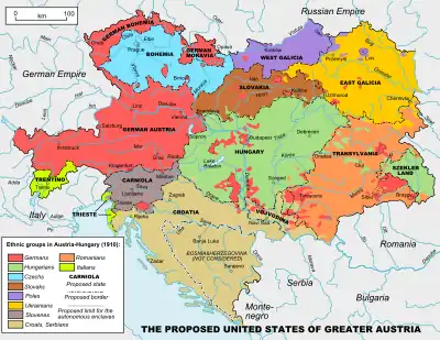 Image 7A map of the federalization of Austria-Hungary planned by Archduke Franz Ferdinand, with Slovakia as one of the member states (from History of Slovakia)