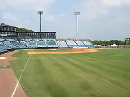 A view from right field shows the green grass and infield dirt of a baseball diamond surrounded by empty blue seats