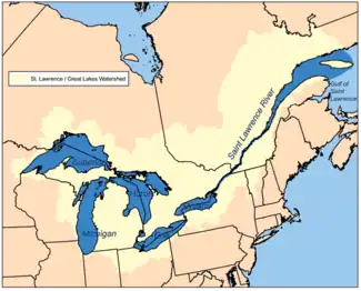 Image 39Map of the Saint Lawrence River/Great Lakes Watershed in North America. Its drainage area includes the Great Lakes, the world's largest system of freshwater lakes. The basin covers nearly all of Michigan. (from Michigan)