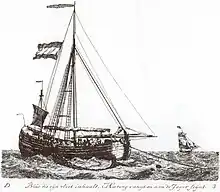 Dutch Herring Buss drifter taking aboard its drift net, c. 1600