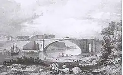 Copper-plate engraving of the bridge soon after completion, showing the view up-river towards Handbridge