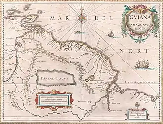 Image 11A map created circa 1649 depicting the Guiana region. Territory claimed by Spain in red to the west, Dutch Guiana highlighted in yellow and Portuguese territory in red to the southeast. The mythical Lake Parime is also visible. (from History of Guyana)