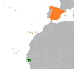 Map indicating locations of Guinea-Bissau and Spain