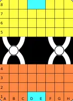 8×4 player areas, two "X" bridges with center spots [31-piece game]