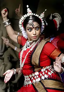 Bhattcharyaa and her troupe practicing to welcome the upcoming Durga Festival at Heritage house Sovabazar Rajbari in Calcutta on Saturday 17 September 2005.