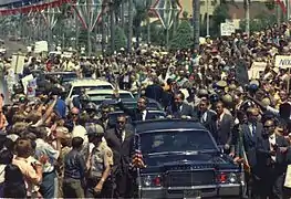 U.S. President Richard Nixon riding a presidential motorcade in San Diego with Mexican President Gustavo Díaz Ordaz.