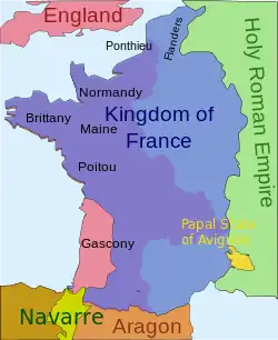 A map of French territory as it was in 1340, showing the enclave of Gascony in the south-west