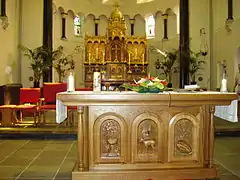 Interior close-up view of the sanctuary facing east