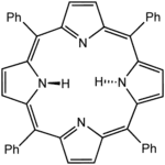 Tetraphenylporphyrin (H2TPP)is another synthetic analogue of protoporphyrin IX. Unlike the natural porphyrin ligands, TPP2− is highly symmetrical. Another difference is that its methyne centers are occupied by phenyl groups.