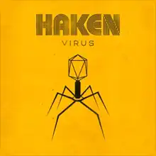 Yellow square with the "HAKEN" and "Virus" written near the top and a silhouette of a Bacteriophage in the center.