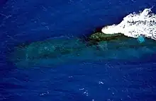 Aerial view of a submarine just below the water's surface. The body of the submarine is distorted, and only the wake from three upright projections can be seen clearly.