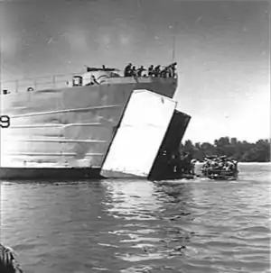 A landing ship disembarks troops