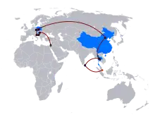 Map of Europe and Asia, with the race marked