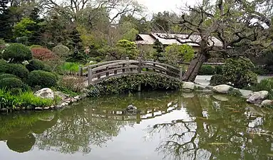 The Moon Bridge over the koi pond in the Hill and Pond Garden