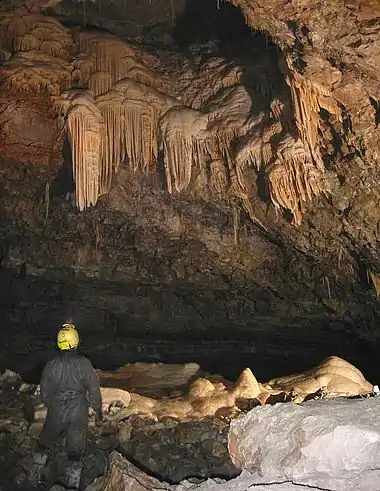 Various formations in the Hall of the Mountain Kings, Ogof Craig a Ffynnon, South Wales, Great Britain