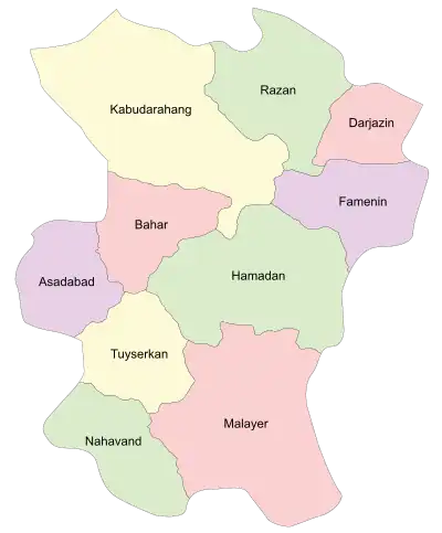 Location of Dargazin County in Hamadan province (top, pink)