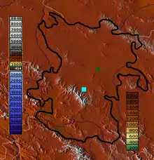 Hamadan spot (light blue in center) in Hamadan province topography map