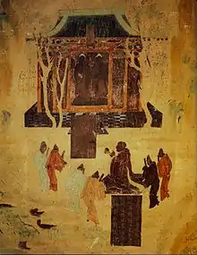 Fresco describing Emperor Han Wudi (156–87 BC) worshipping two statues of the Buddha