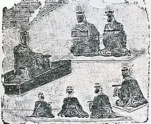 Scholars depicted on Han dynasty pictorial brick, discovered in Chengdu. Scholars wore hats called Jinxian Guan (进贤冠) to denominate educational status.