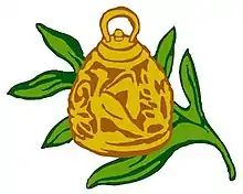 A hand-drawn logo of a golden bell in front of a green fern leaf